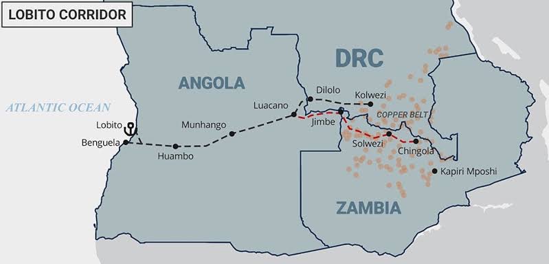 Karte des Lobito-Korridors, der den Copperbelt über Dilolo mit der Atlantikküste bei Lobito, Angola, verbindet